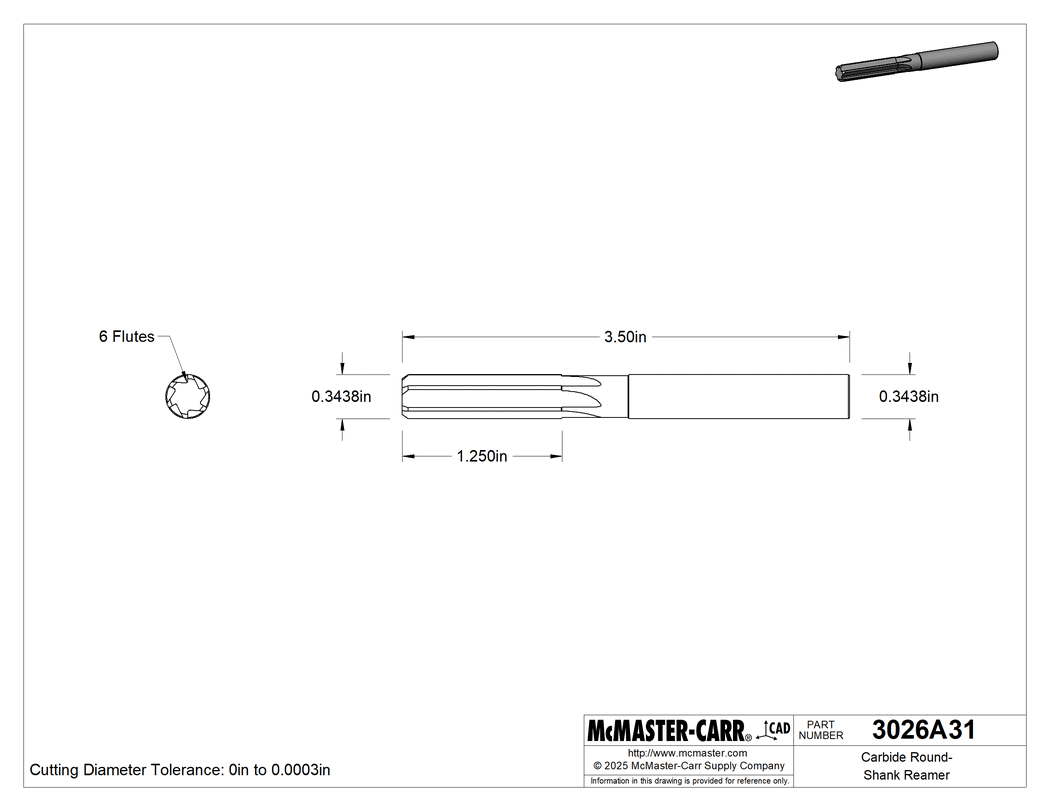 Technical Drawing of Carbide Round-Shank Reamer, 0.3438" Reamer Diameter.